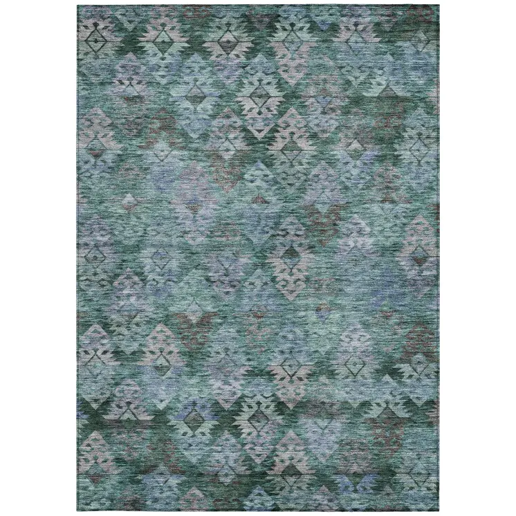 8' X 10' Emerald Green And Gray Aztec Washable Indoor Outdoor Area Rug