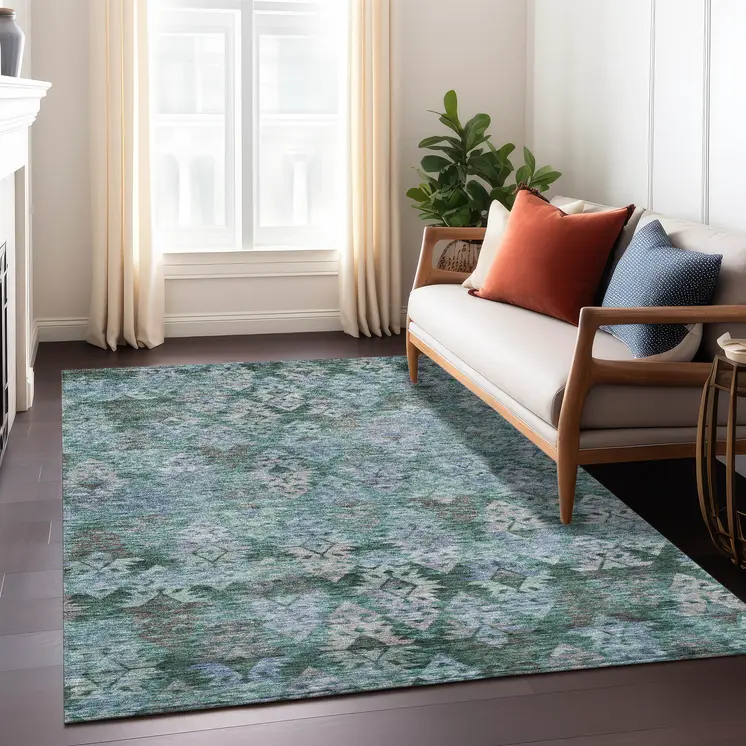 8' X 10' Emerald Green And Gray Aztec Washable Indoor Outdoor Area Rug