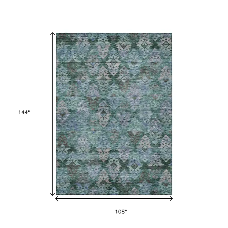 9' X 12' Emerald Green And Gray Aztec Washable Indoor Outdoor Area Rug