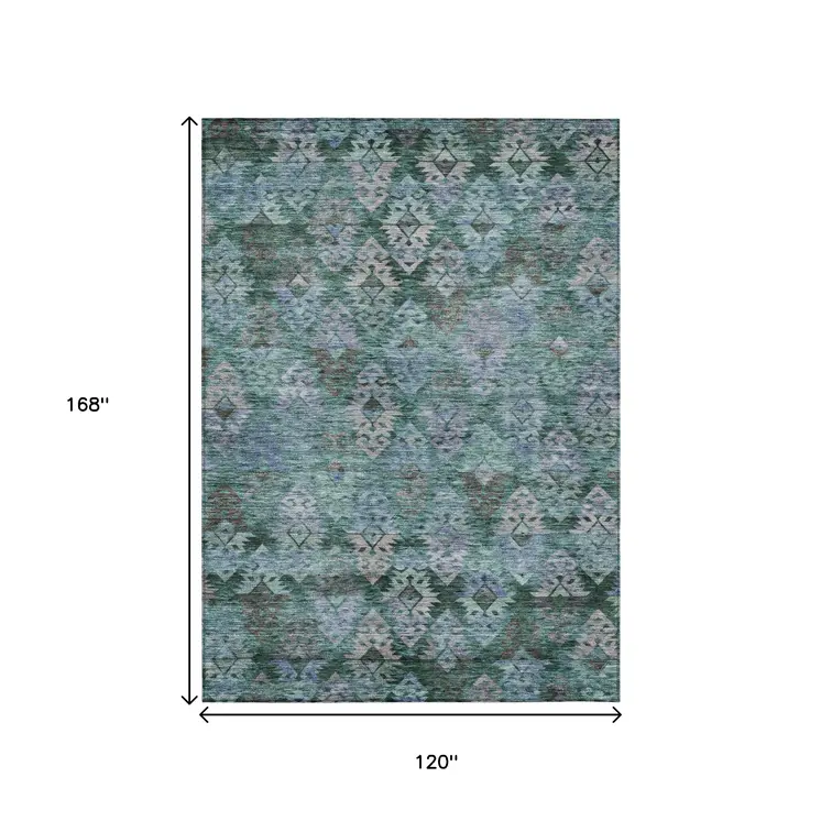 10' X 14' Emerald Green And Gray Aztec Washable Indoor Outdoor Area Rug