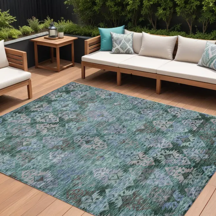 10' X 14' Emerald Green And Gray Aztec Washable Indoor Outdoor Area Rug