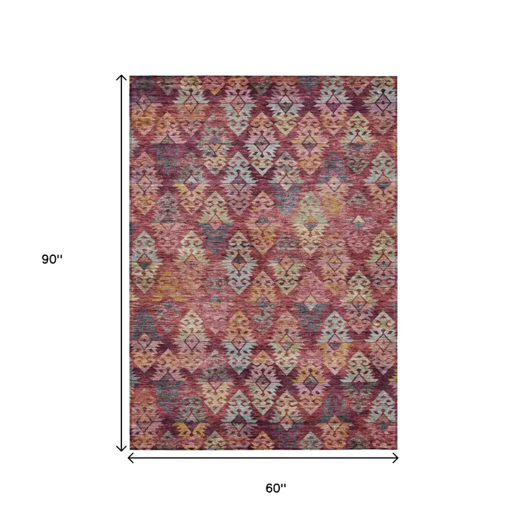 5' X 8' Rust Gold And Blush Aztec Washable Indoor Outdoor Area Rug