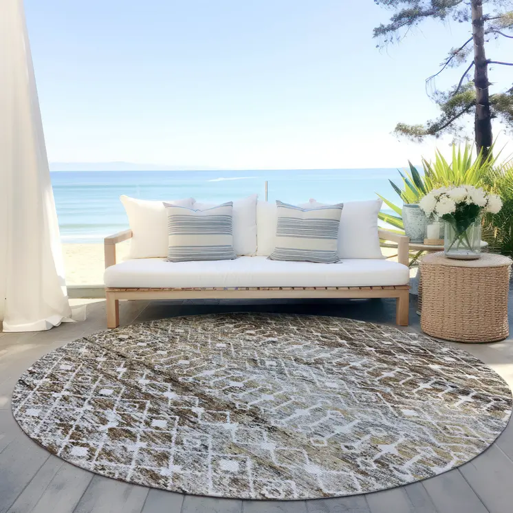 8' Brown And Beige Round Argyle Washable Indoor Outdoor Area Rug