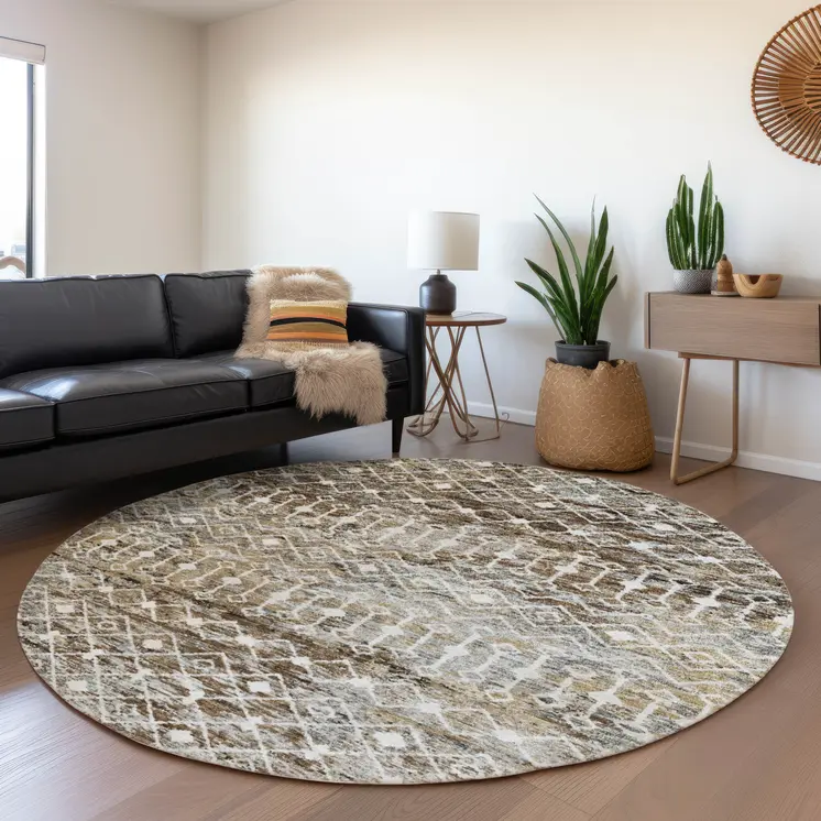 8' Brown And Beige Round Argyle Washable Indoor Outdoor Area Rug