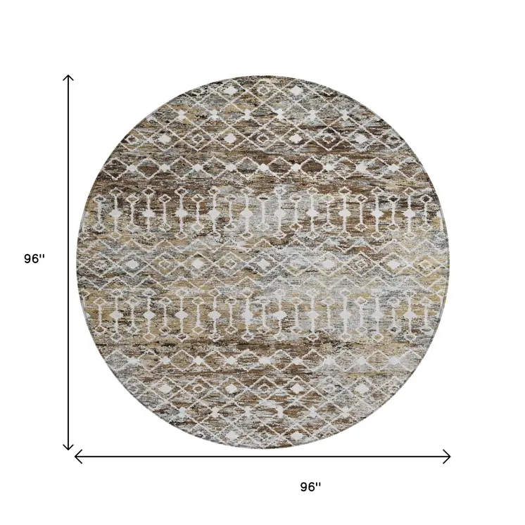 8' Brown And Beige Round Argyle Washable Indoor Outdoor Area Rug