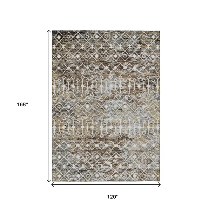 10' X 14' Brown And Beige Argyle Washable Indoor Outdoor Area Rug