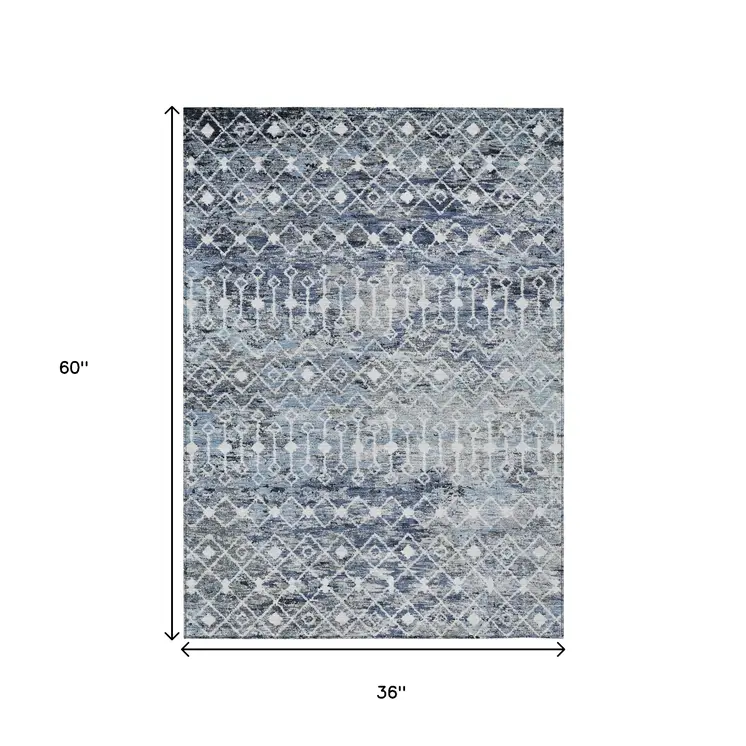 3' X 5' Blue And Silver Argyle Washable Indoor Outdoor Area Rug