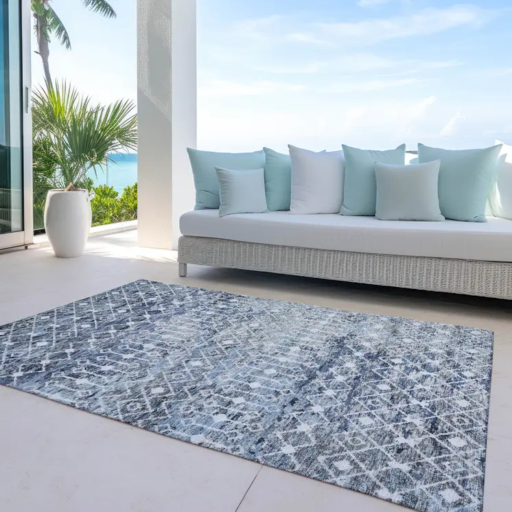 3' X 5' Blue And Silver Argyle Washable Indoor Outdoor Area Rug