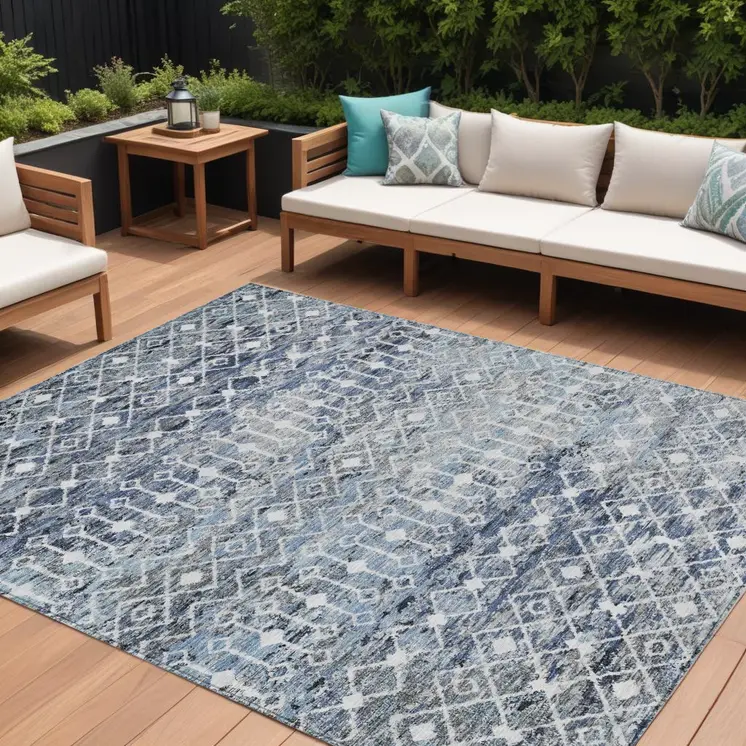 8' X 10' Blue And Silver Argyle Washable Indoor Outdoor Area Rug
