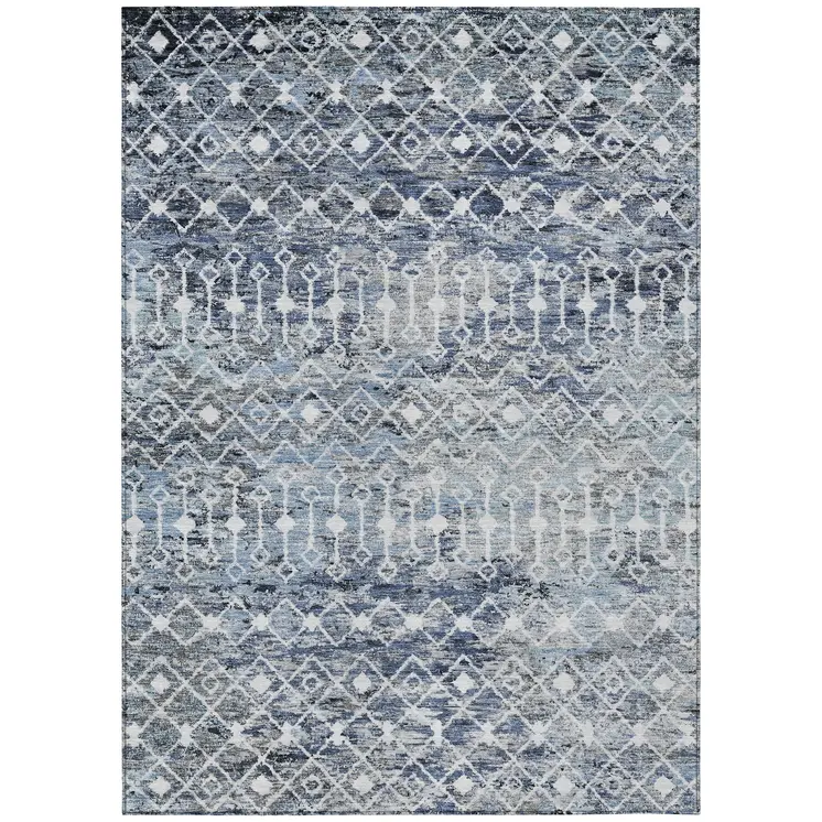 8' X 10' Blue And Silver Argyle Washable Indoor Outdoor Area Rug