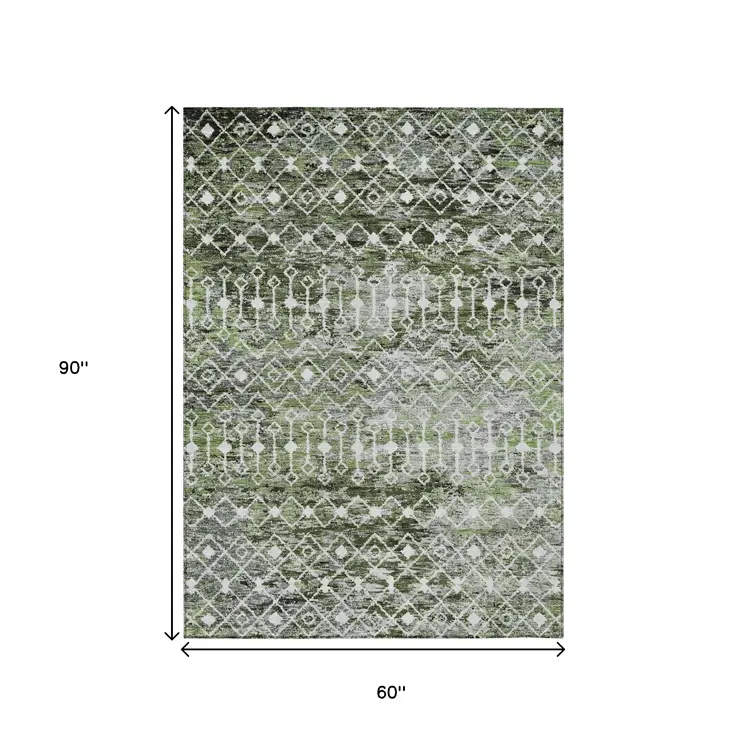 5' X 8' Olive Green And Ivory Argyle Washable Indoor Outdoor Area Rug