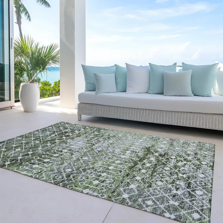 5' X 8' Olive Green And Ivory Argyle Washable Indoor Outdoor Area Rug