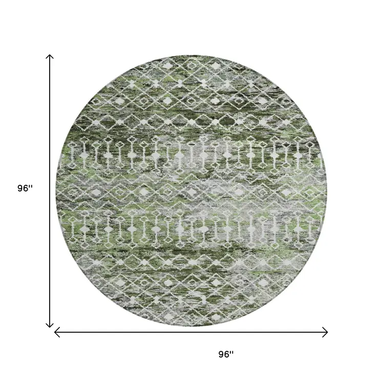 8' Olive Green And Ivory Round Argyle Washable Indoor Outdoor Area Rug