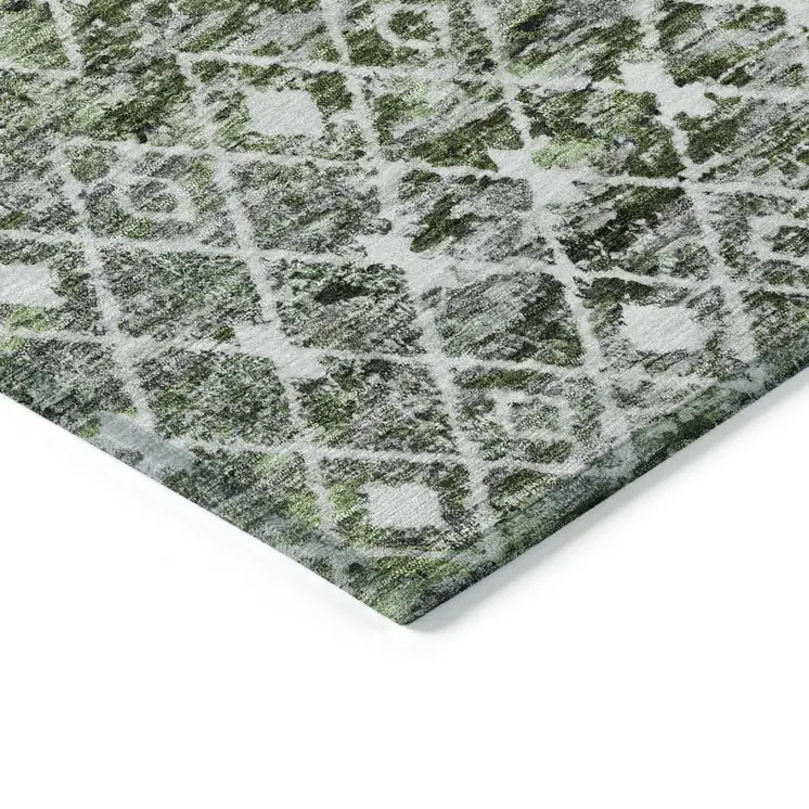9' X 12' Olive Green And Ivory Argyle Washable Indoor Outdoor Area Rug