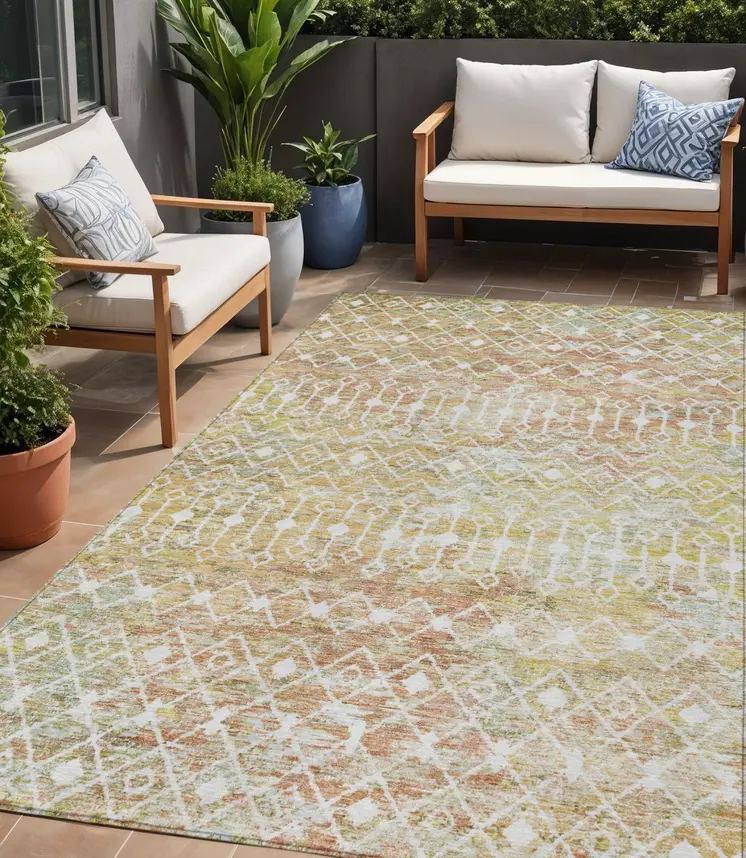 5' X 8' Peach And Ivory Argyle Washable Indoor Outdoor Area Rug