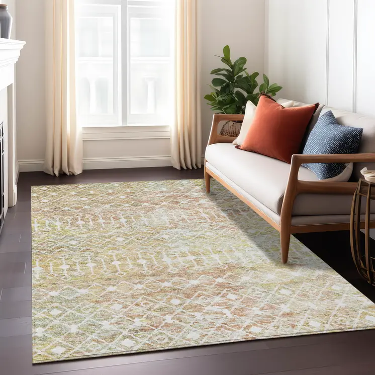 5' X 8' Peach And Ivory Argyle Washable Indoor Outdoor Area Rug