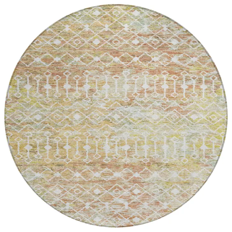 8' Peach And Ivory Round Argyle Washable Indoor Outdoor Area Rug