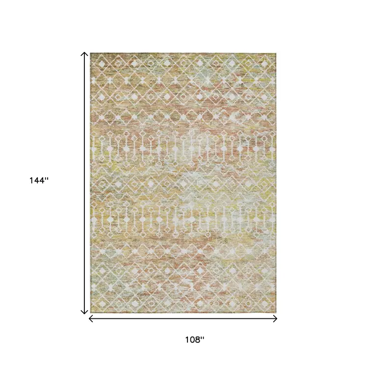 9' X 12' Peach And Ivory Argyle Washable Indoor Outdoor Area Rug