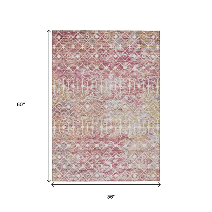 3' X 5' Pink And Ivory Argyle Washable Indoor Outdoor Area Rug