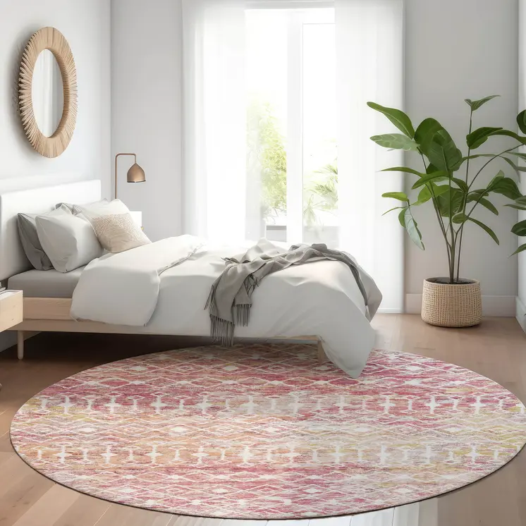 8' Pink And Ivory Round Argyle Washable Indoor Outdoor Area Rug