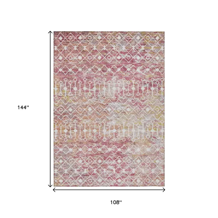 9' X 12' Pink And Ivory Argyle Washable Indoor Outdoor Area Rug