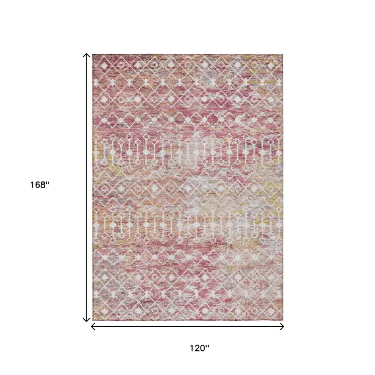 10' X 14' Pink And Ivory Argyle Washable Indoor Outdoor Area Rug