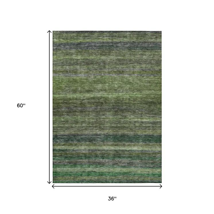 3' X 5' Artichoke Green And Gray Striped Washable Indoor Outdoor Area Rug