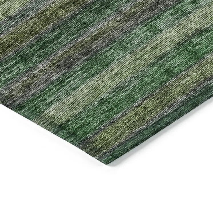 3' X 5' Artichoke Green And Gray Striped Washable Indoor Outdoor Area Rug