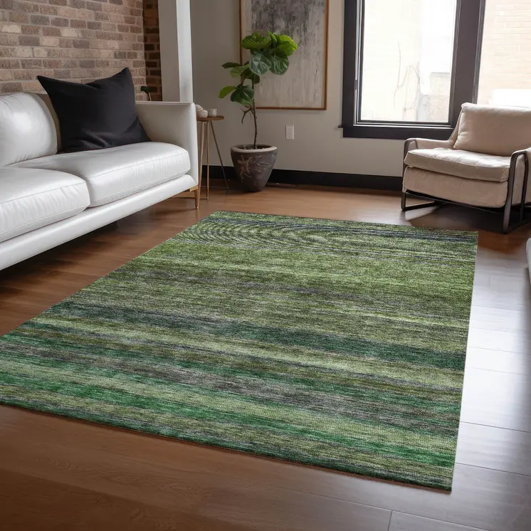 3' X 5' Artichoke Green And Gray Striped Washable Indoor Outdoor Area Rug