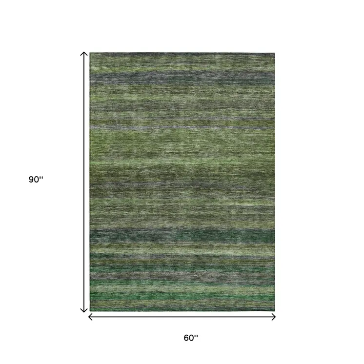 5' X 8' Artichoke Green And Gray Striped Washable Indoor Outdoor Area Rug