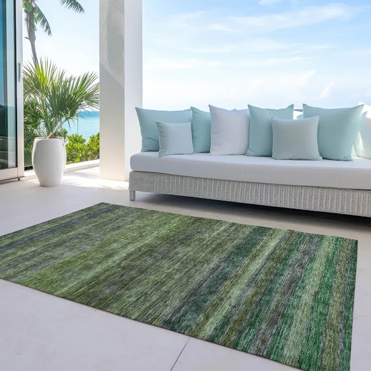 5' X 8' Artichoke Green And Gray Striped Washable Indoor Outdoor Area Rug