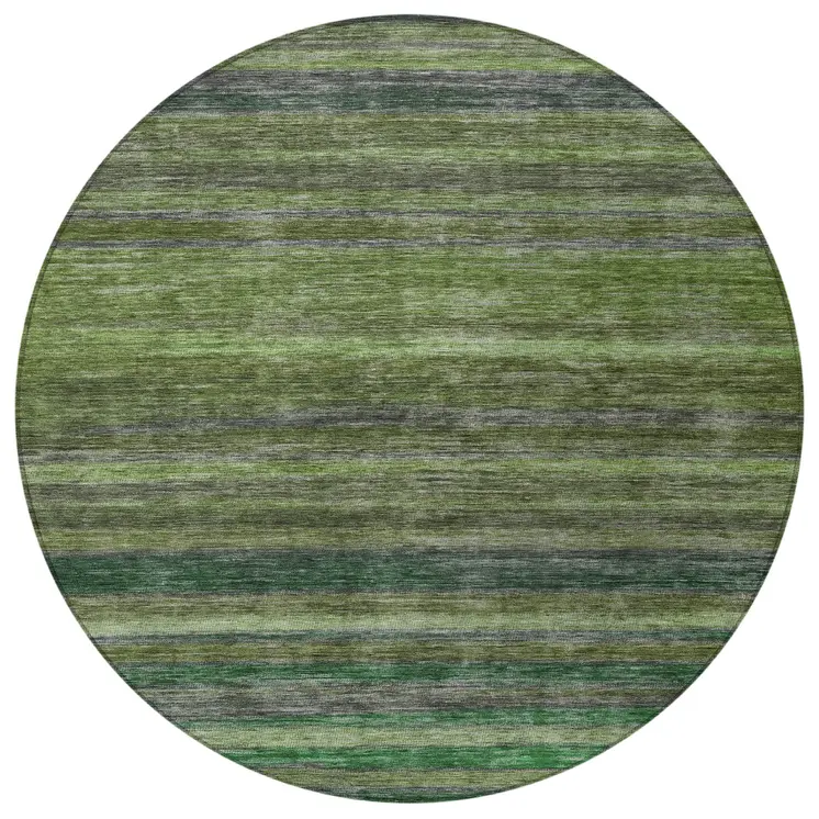 8' Artichoke Green And Gray Round Striped Washable Indoor Outdoor Area Rug