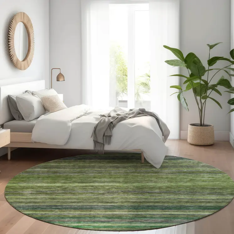 8' Artichoke Green And Gray Round Striped Washable Indoor Outdoor Area Rug