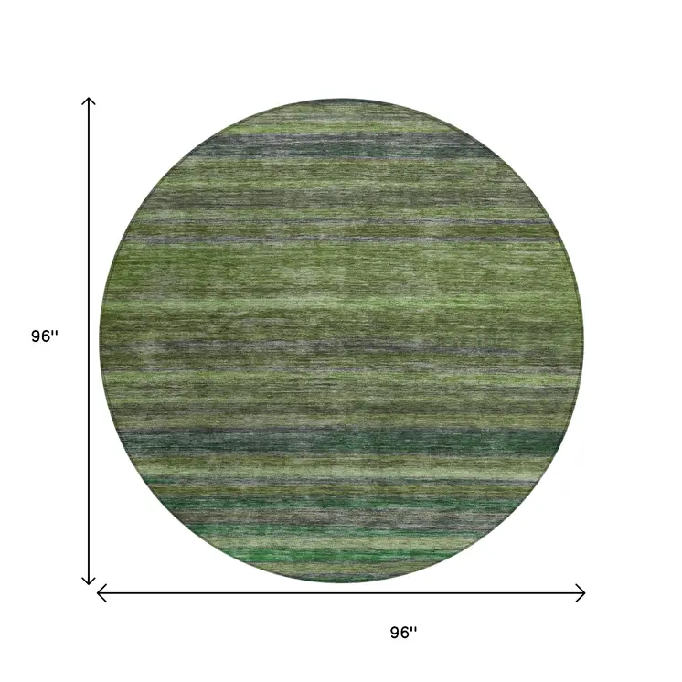 8' Artichoke Green And Gray Round Striped Washable Indoor Outdoor Area Rug