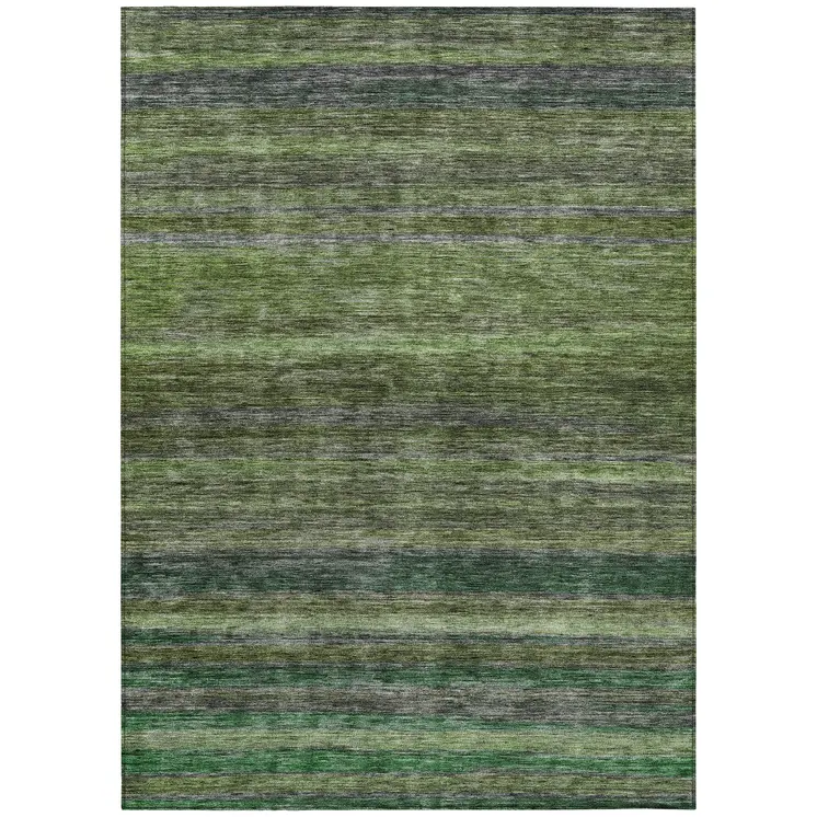 8' X 10' Artichoke Green And Gray Striped Washable Indoor Outdoor Area Rug
