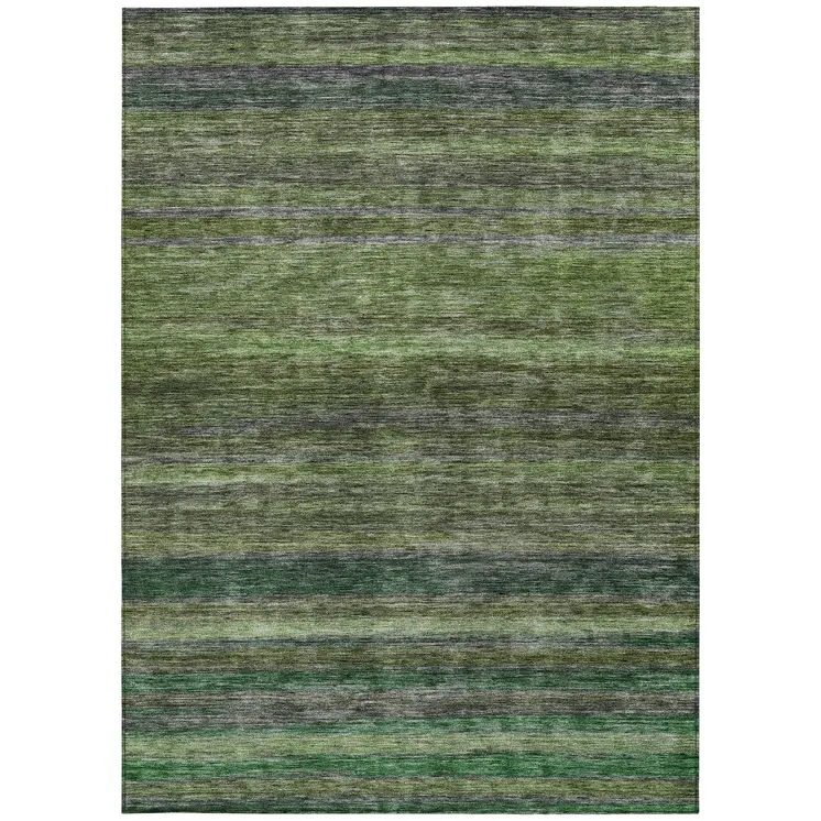 9' X 12' Artichoke Green And Gray Striped Washable Indoor Outdoor Area Rug