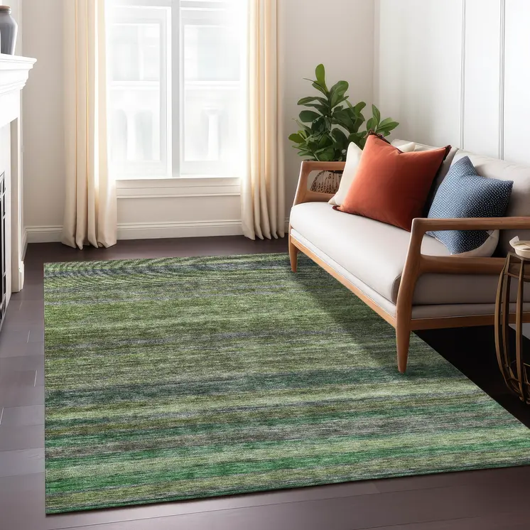 9' X 12' Artichoke Green And Gray Striped Washable Indoor Outdoor Area Rug
