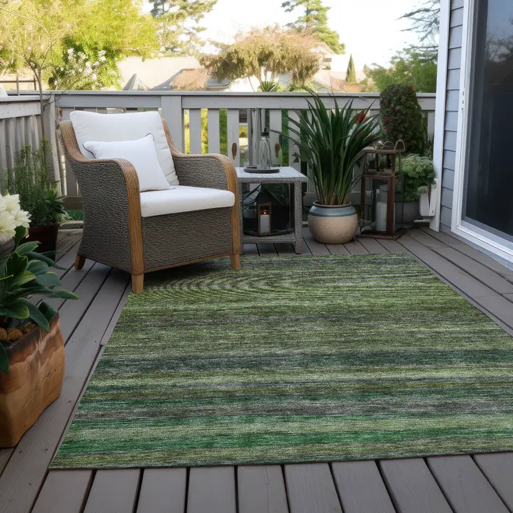 10' X 14' Artichoke Green And Gray Striped Washable Indoor Outdoor Area Rug