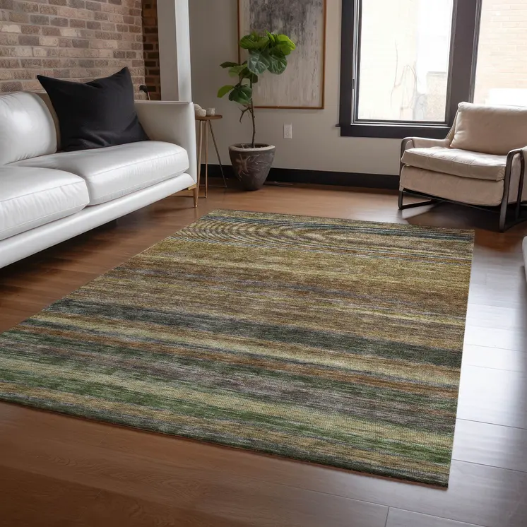 5' X 8' Brown And Gray Striped Washable Indoor Outdoor Area Rug