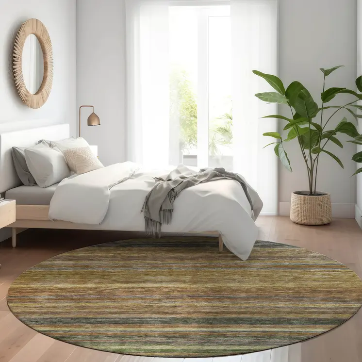8' Brown And Gray Round Striped Washable Indoor Outdoor Area Rug