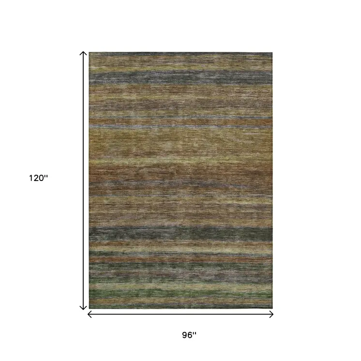 8' X 10' Brown And Gray Striped Washable Indoor Outdoor Area Rug