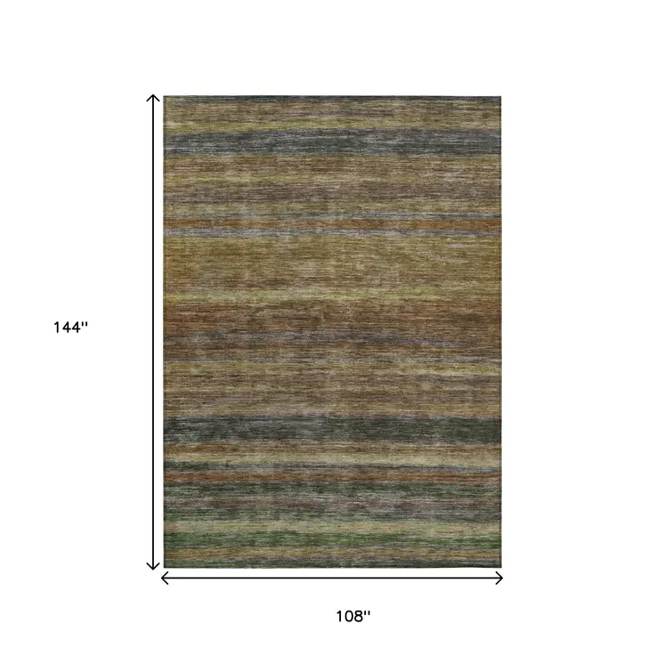 9' X 12' Brown And Gray Striped Washable Indoor Outdoor Area Rug