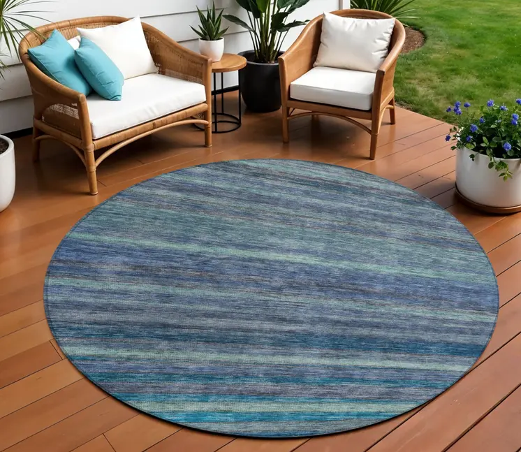 8' Blue And Gray Round Striped Washable Indoor Outdoor Area Rug