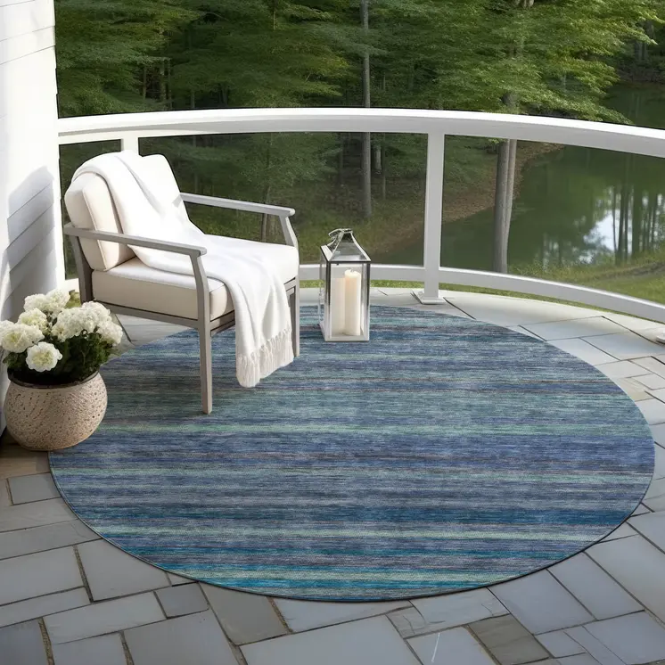 8' Blue And Gray Round Striped Washable Indoor Outdoor Area Rug