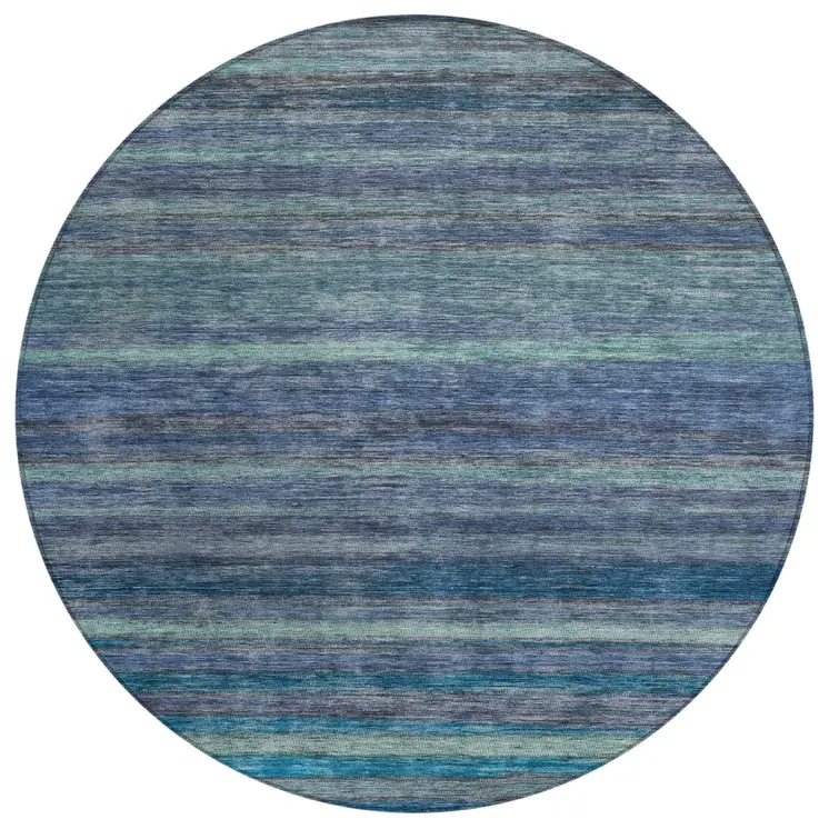 8' Blue And Gray Round Striped Washable Indoor Outdoor Area Rug