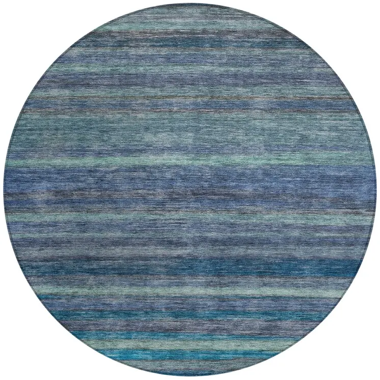8' Blue And Gray Round Striped Washable Indoor Outdoor Area Rug