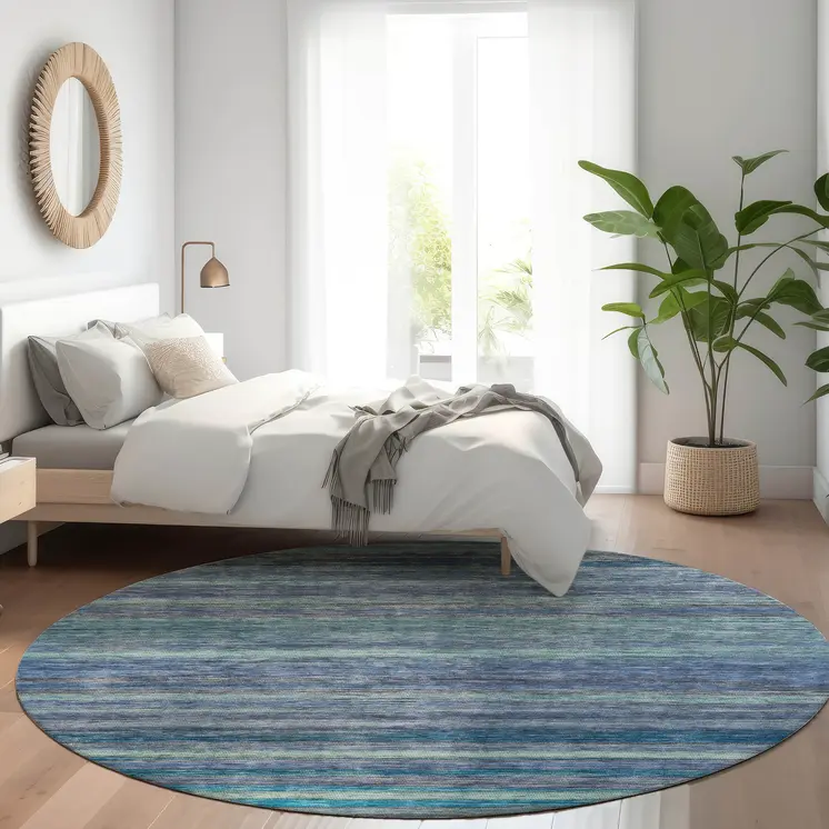 8' Blue And Gray Round Striped Washable Indoor Outdoor Area Rug