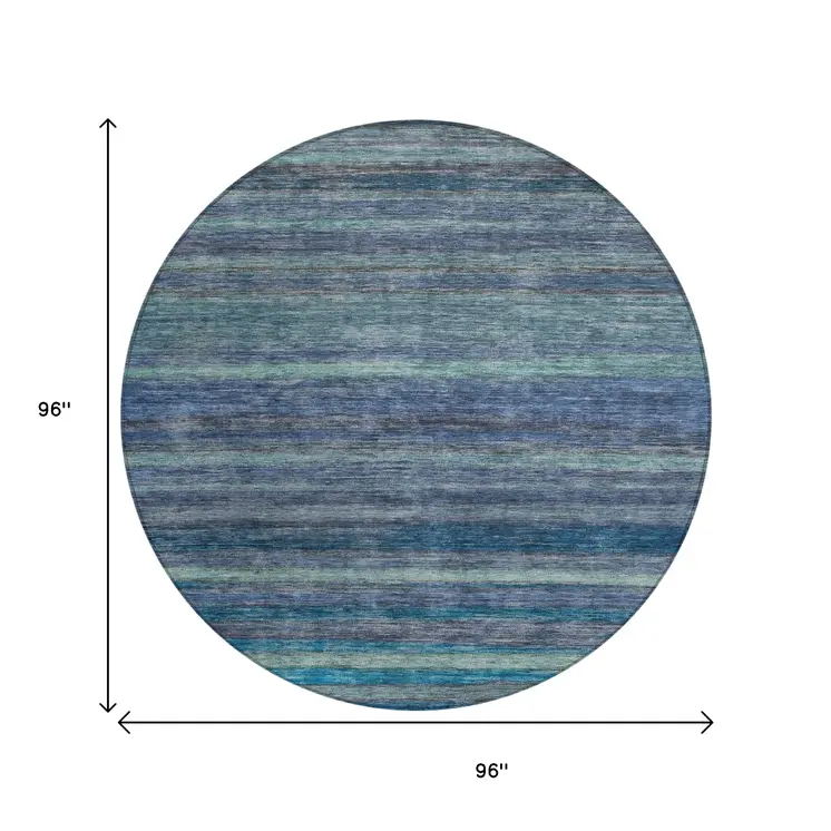 8' Blue And Gray Round Striped Washable Indoor Outdoor Area Rug