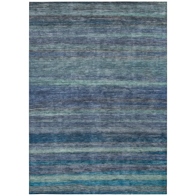 8' X 10' Blue And Gray Striped Washable Indoor Outdoor Area Rug