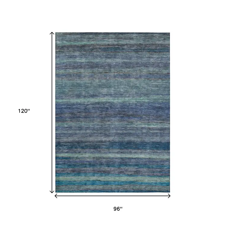 8' X 10' Blue And Gray Striped Washable Indoor Outdoor Area Rug